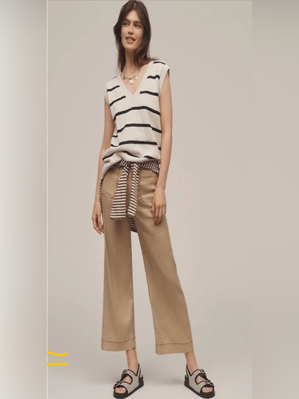 Maeve Colette Contrast-Stitch Linen Crop Wide-Leg Pants